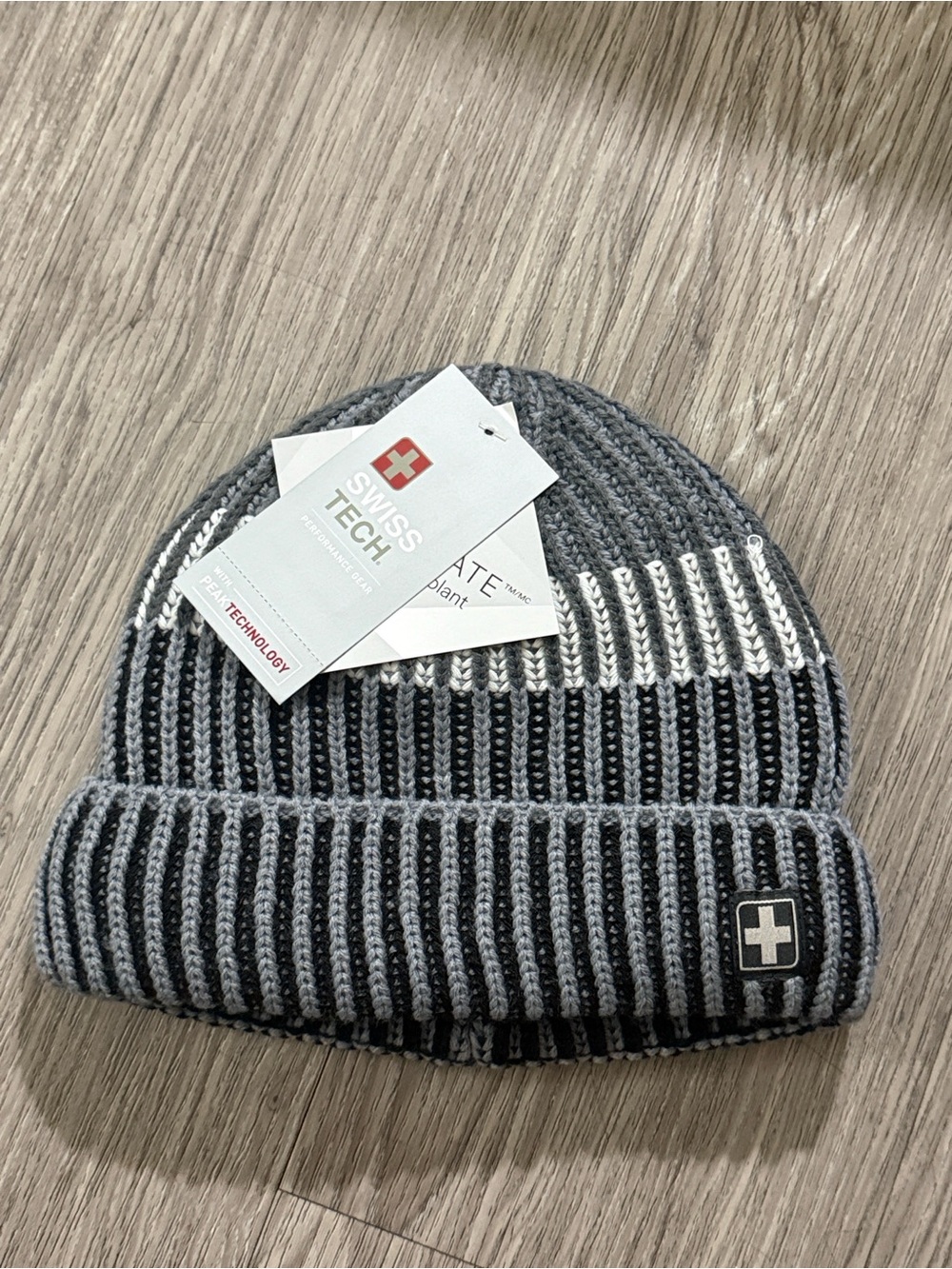Swiss Tech Gray and Black Striped Ribbed Beanie